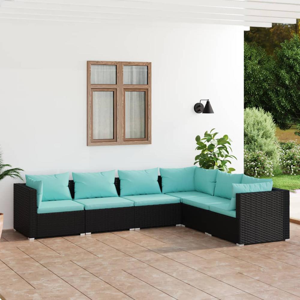 vidaXL 6 Piece Patio Lounge Set with Cushions Poly Rattan Black, 3101713. Picture 1