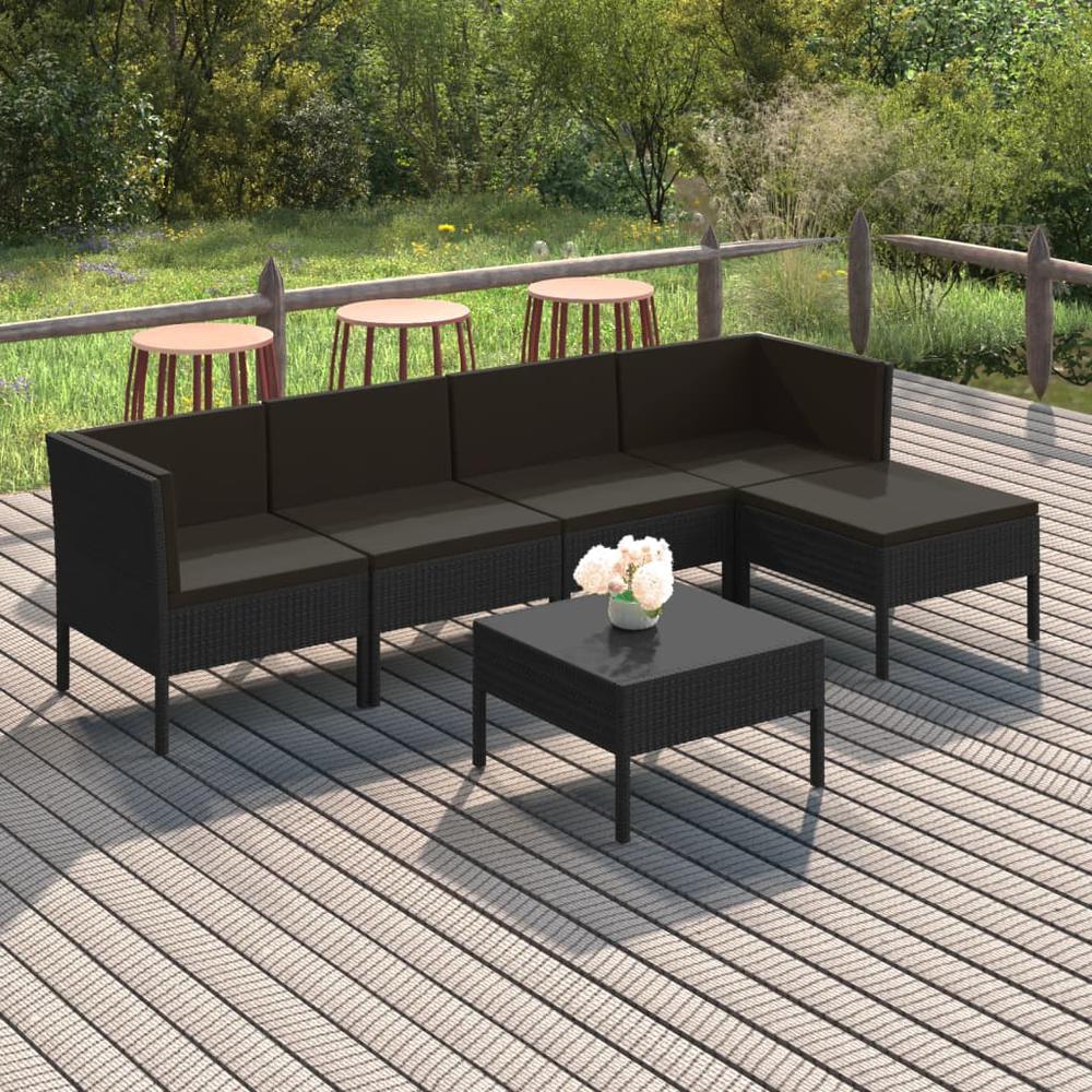 vidaXL 6 Piece Patio Lounge Set with Cushions Poly Rattan Black, 3094385. Picture 1