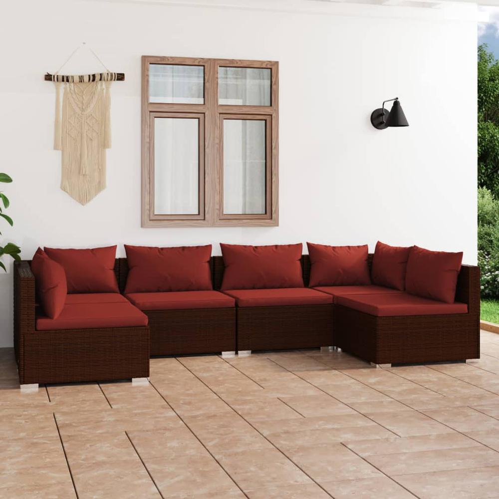 vidaXL 6 Piece Patio Lounge Set with Cushions Poly Rattan Brown, 3101875. Picture 1