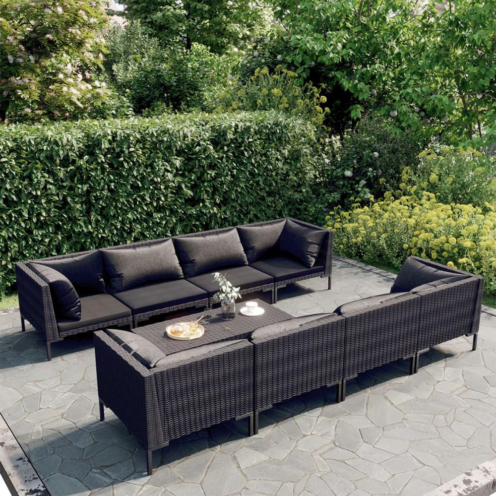 vidaXL 9 Piece Patio Lounge Set with Cushions Poly Rattan Dark Gray, 3099802. Picture 1
