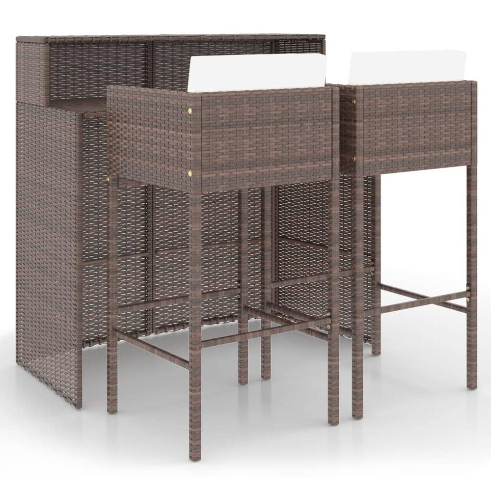 vidaXL 3 Piece Patio Bar Set with Cushions Poly Rattan Brown, 3094806. Picture 2