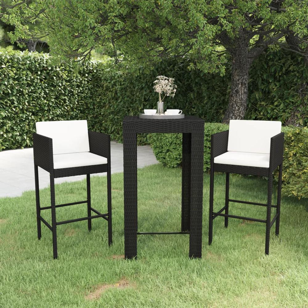 vidaXL 3 Piece Patio Bar Set with Cushions Poly Rattan Black, 3094778. Picture 1