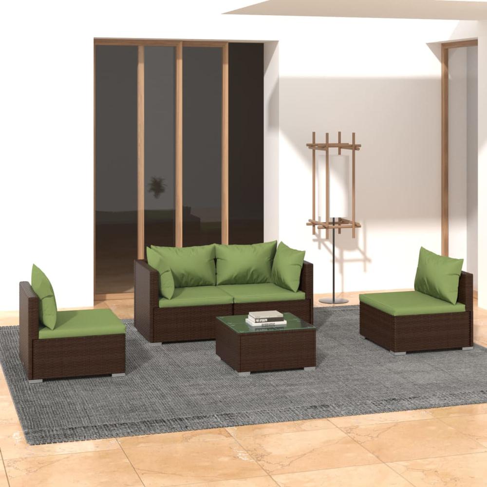 vidaXL 5 Piece Patio Lounge Set with Cushions Poly Rattan Brown, 3102180. Picture 1