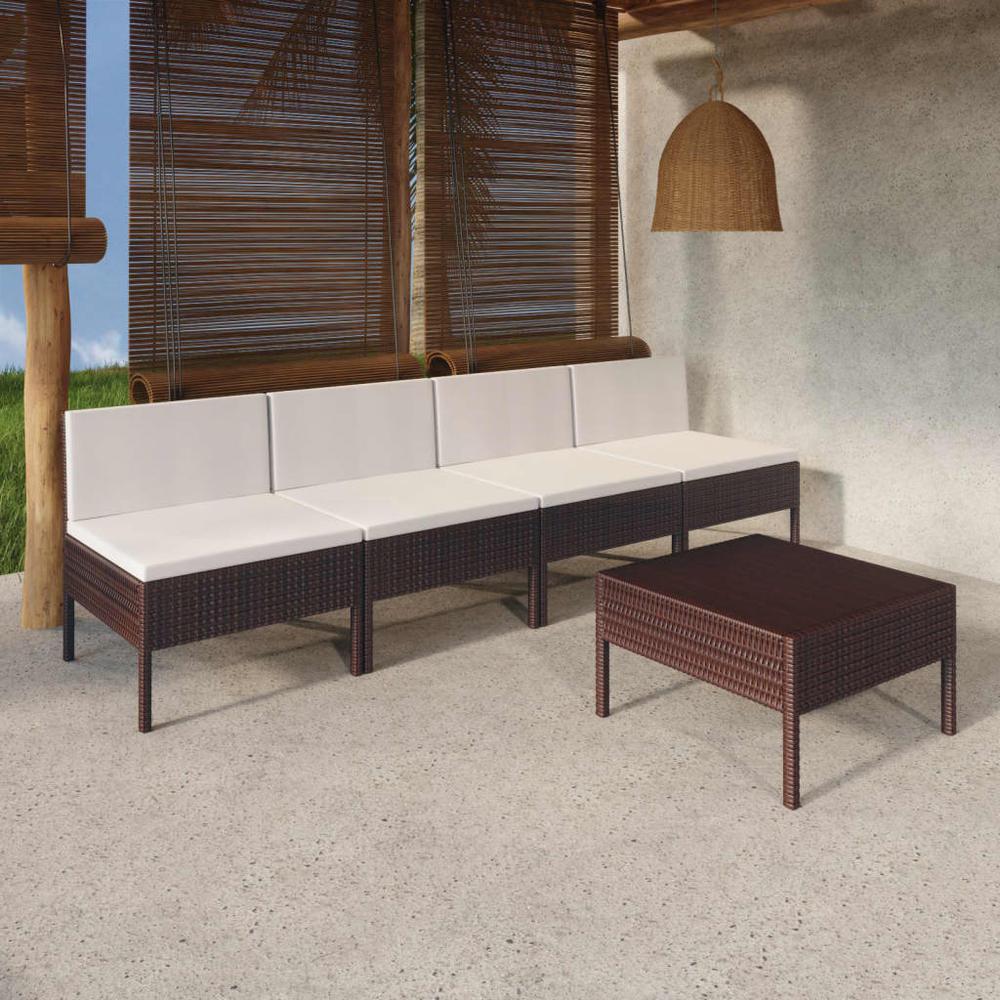 vidaXL 5 Piece Patio Lounge Set with Cushions Poly Rattan Brown, 3094323. Picture 1
