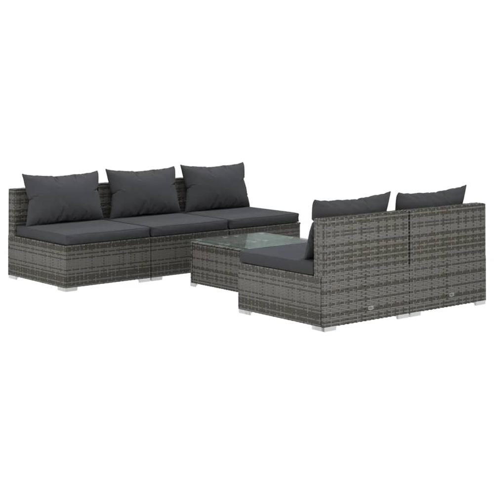 vidaXL 6 Piece Patio Lounge Set with Cushions Poly Rattan Gray, 3101453. Picture 2