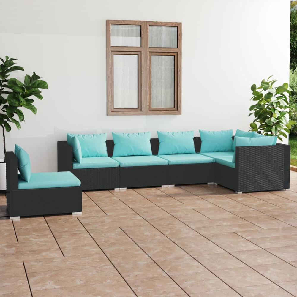 vidaXL 6 Piece Patio Lounge Set with Cushions Poly Rattan Black, 3102321. Picture 1