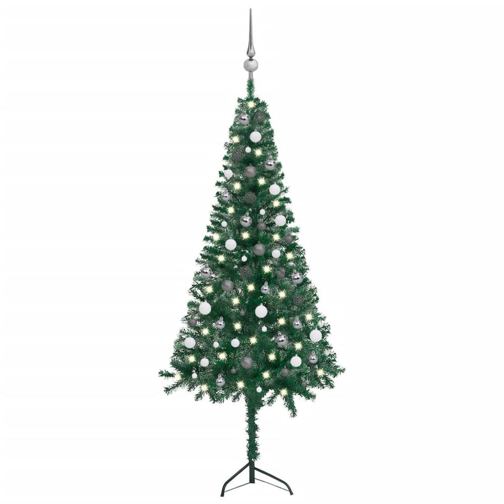 vidaXL Corner Artificial Christmas Tree LEDs&Ball Set Green 70.9" PVC, 3077964. Picture 1