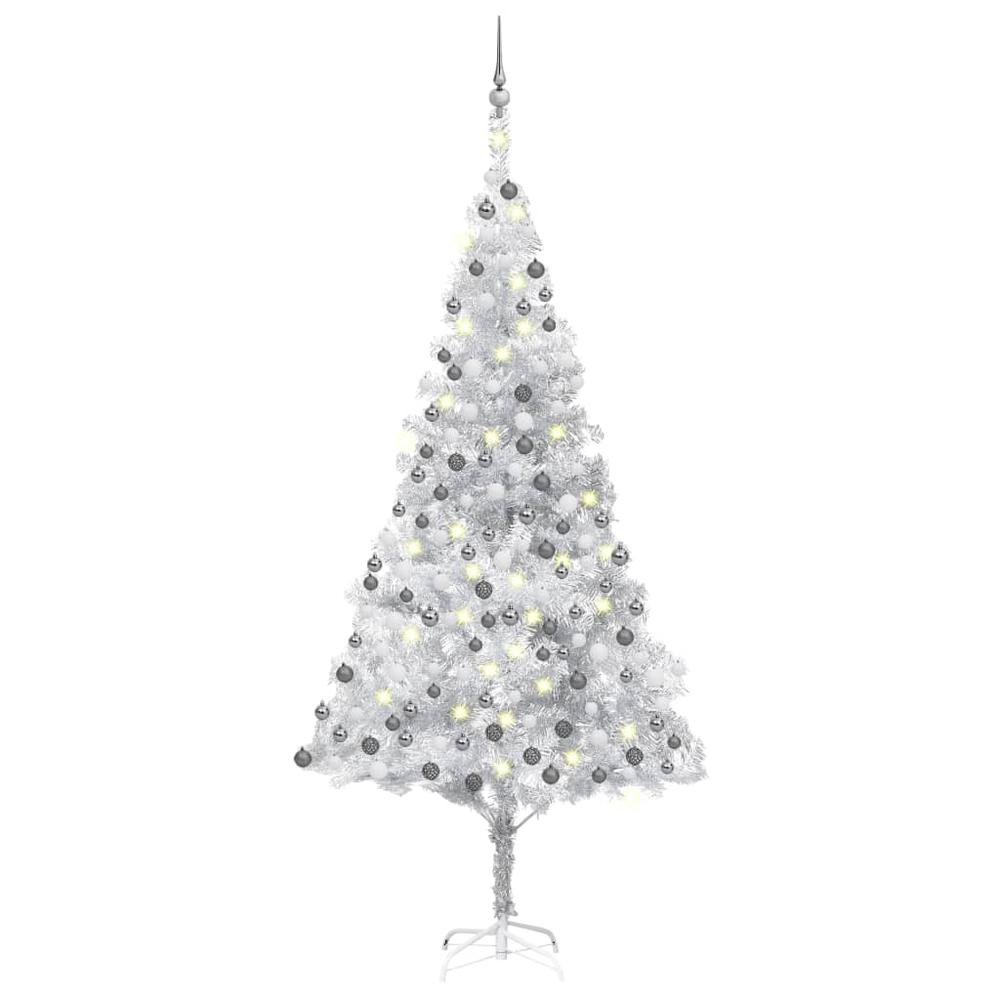 vidaXL Artificial Christmas Tree with LEDs&Ball Set Silver 94.5" PET, 3077698. Picture 1