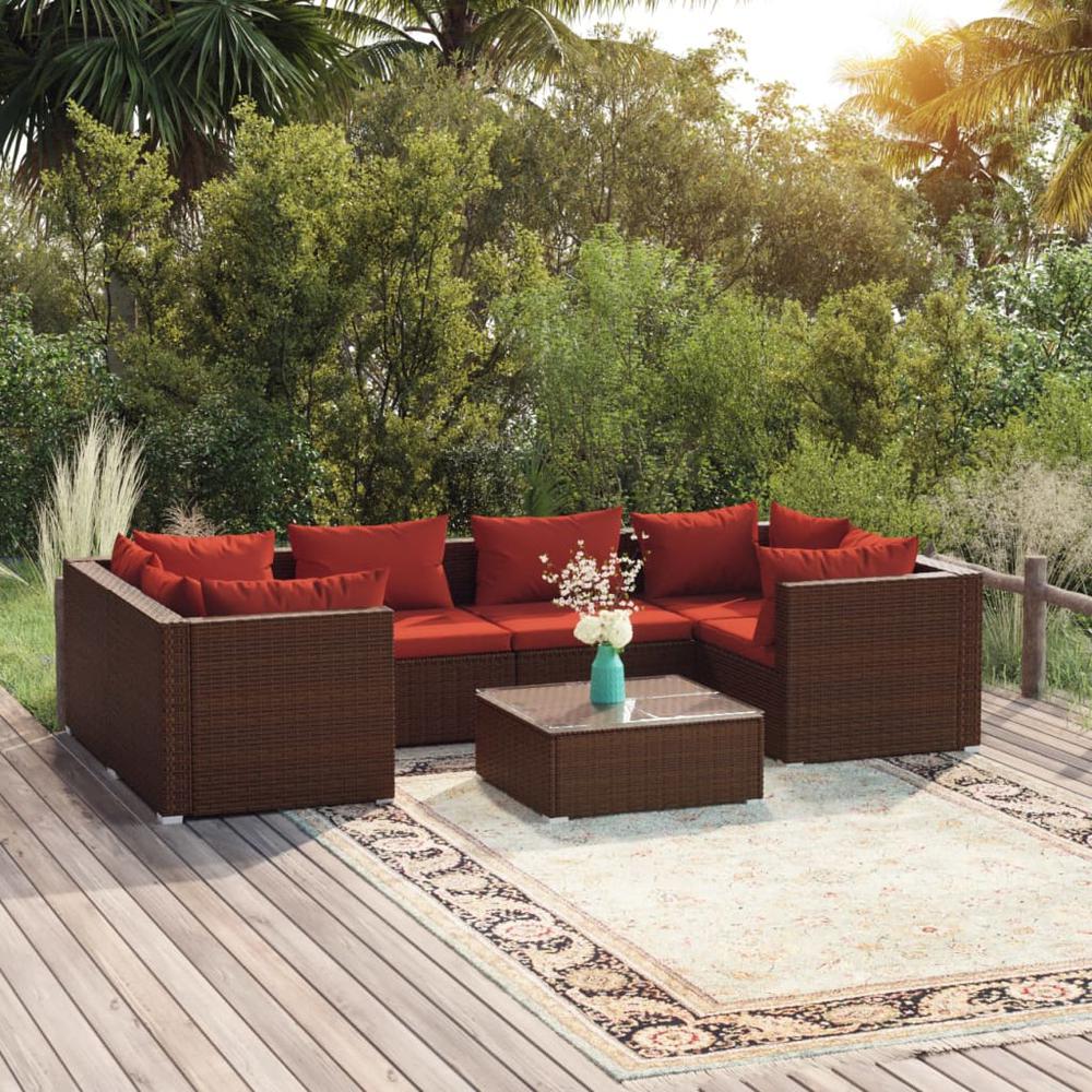 vidaXL 7 Piece Patio Lounge Set with Cushions Poly Rattan Brown, 3101947. Picture 1