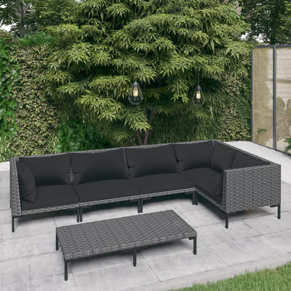 vidaXL 6 Piece Patio Lounge Set with Cushions Poly Rattan Dark Gray, 3099839. Picture 1