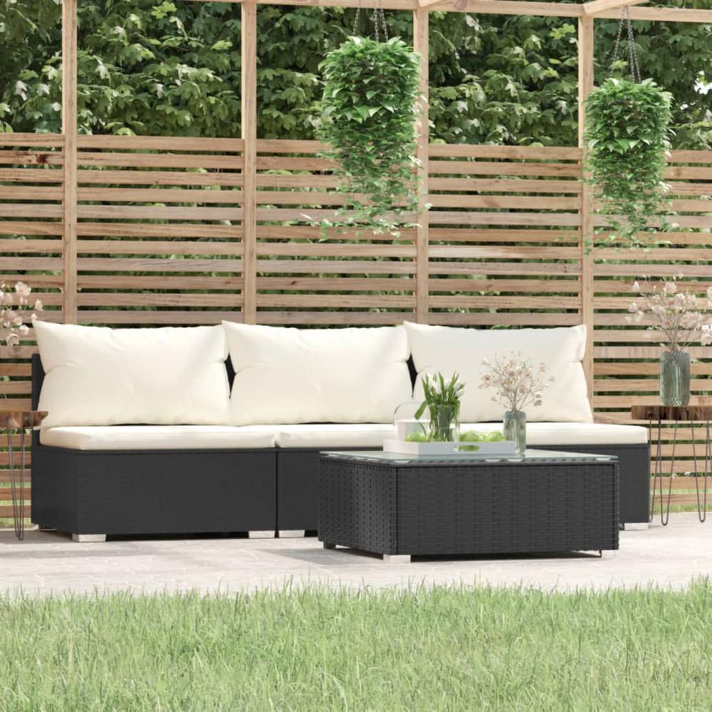 vidaXL 4 Piece Patio Lounge Set with Cushions Black Poly Rattan, 317496. Picture 1