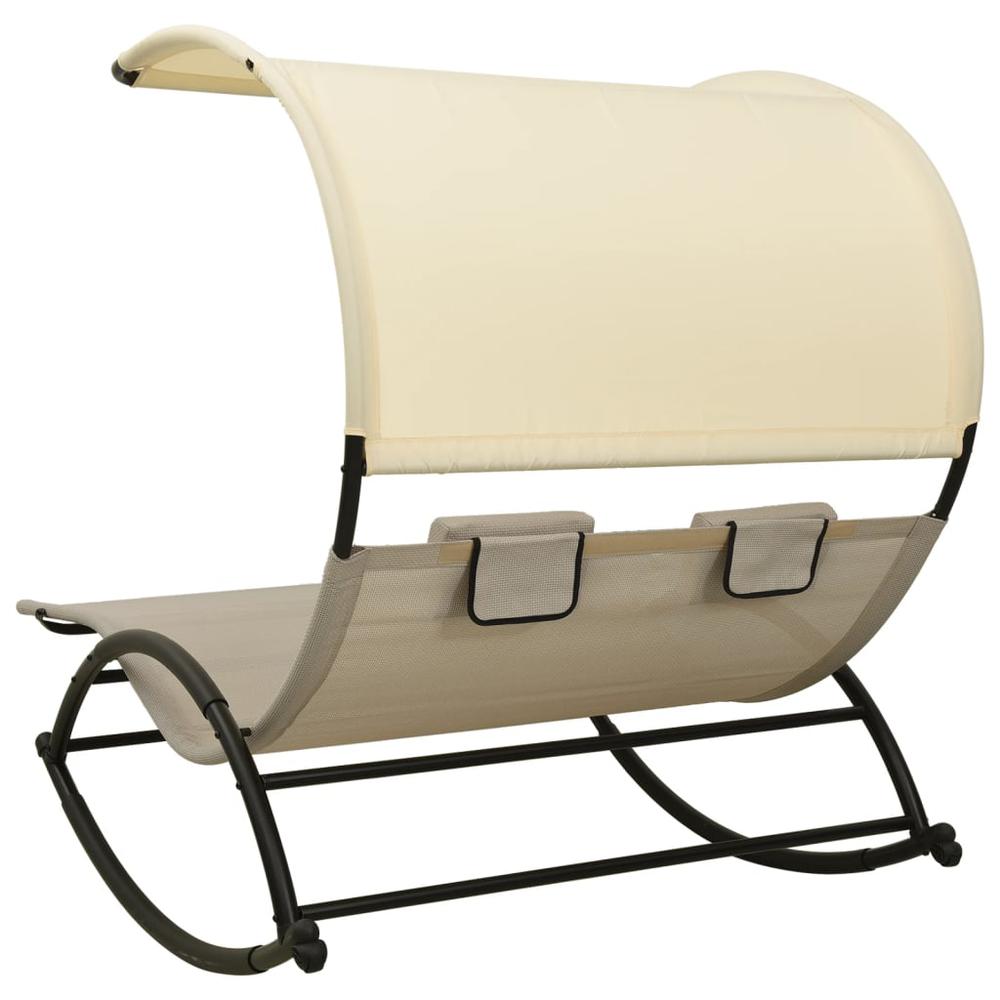 vidaXL Double Sun Lounger with Canopy Textilene Taupe and Cream. Picture 4