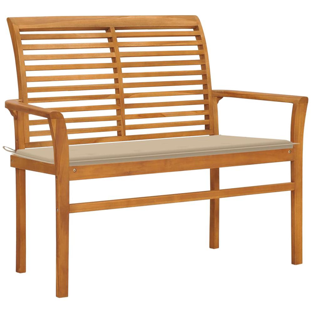 vidaXL Patio Bench with Beige Cushion 44.1" Solid Teak Wood, 3062652. Picture 1