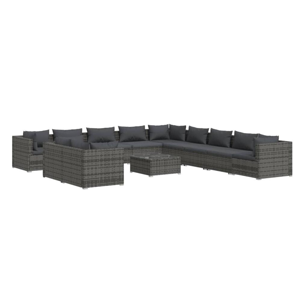 vidaXL 12 Piece Patio Lounge Set with Cushions Gray Poly Rattan. Picture 2