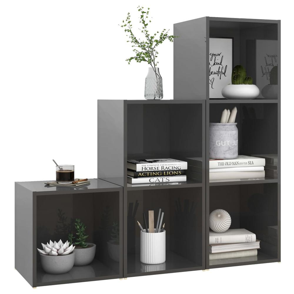 vidaXL 3 Piece TV Cabinet Set High Gloss Gray Engineered Wood, 3080086. Picture 3
