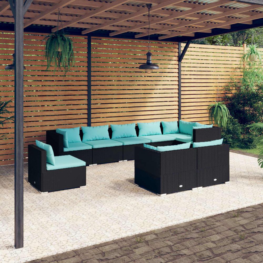 vidaXL 9 Piece Patio Lounge Set with Cushions Poly Rattan Black, 3102625. Picture 1