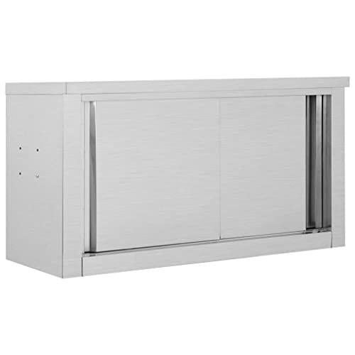 vidaXL Kitchen Wall Cabinet with Sliding Doors 35.4"x15.7"x19.7" Stainless Steel, 51052. Picture 1