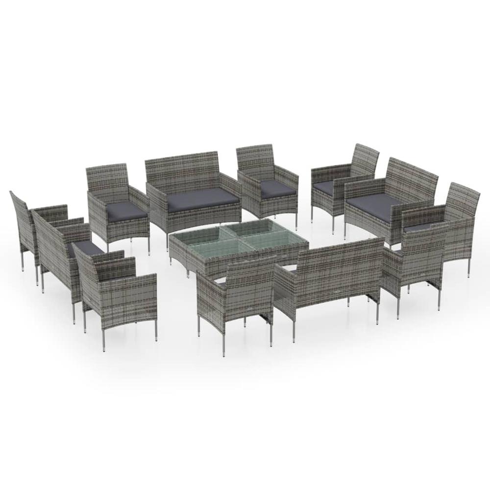 vidaXL 16 Piece Patio Lounge Set with Cushions Poly Rattan Gray, 3095960. Picture 2