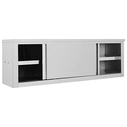 vidaXL Kitchen Wall Cabinet with Sliding Doors 59.1"x15.7"x19.7" Stainless Steel, 51054. Picture 5
