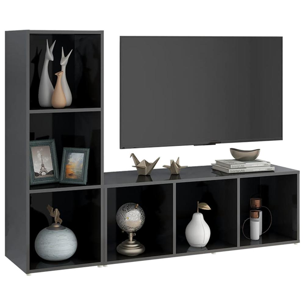 vidaXL TV Cabinets 2 pcs High Gloss Gray 42.1"x13.8"x14.6" Engineered Wood, 3079942. Picture 3