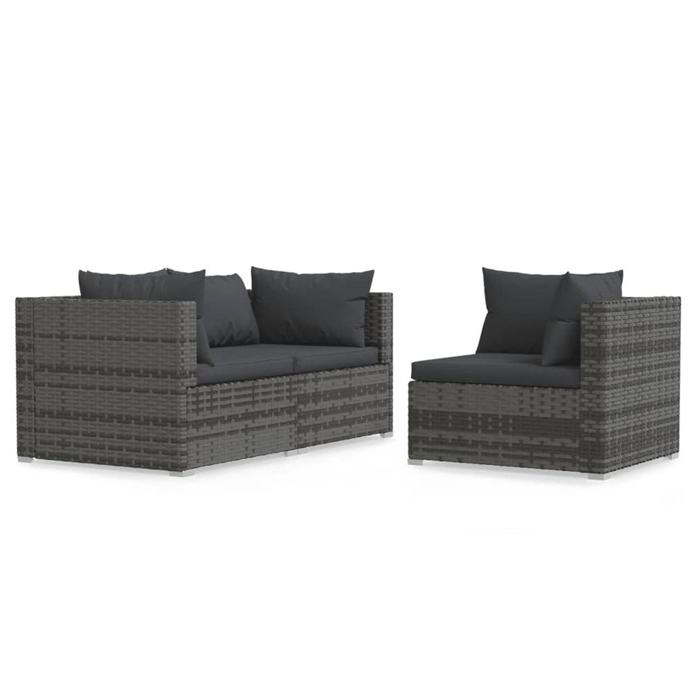 vidaXL 3 Piece Patio Lounge Set with Cushions Gray Poly Rattan. Picture 2