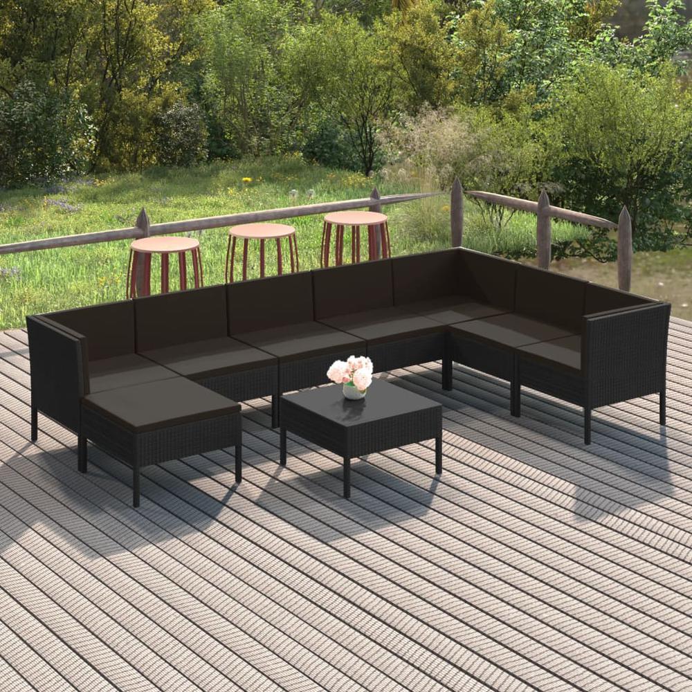 vidaXL 9 Piece Patio Lounge Set with Cushions Poly Rattan Black, 3094425. Picture 1