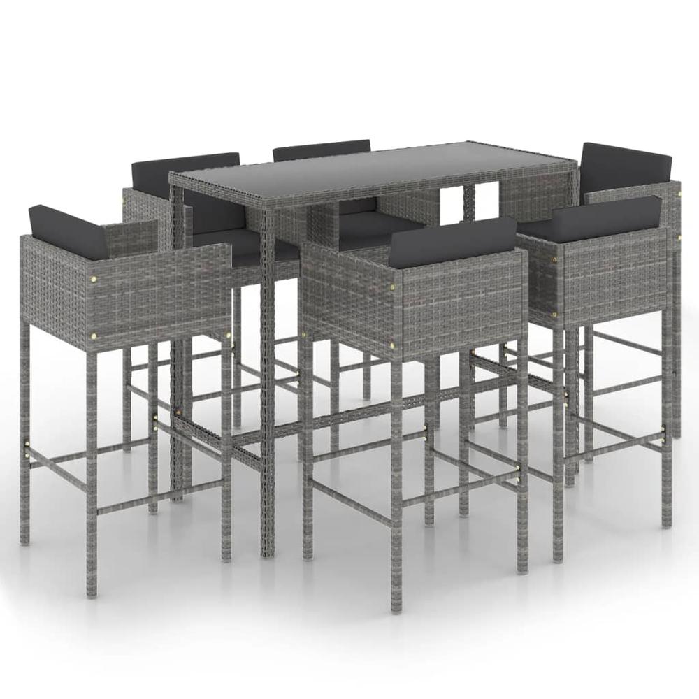 vidaXL 7 Piece Patio Bar Set with Cushions Poly Rattan Gray, 3094797. Picture 2