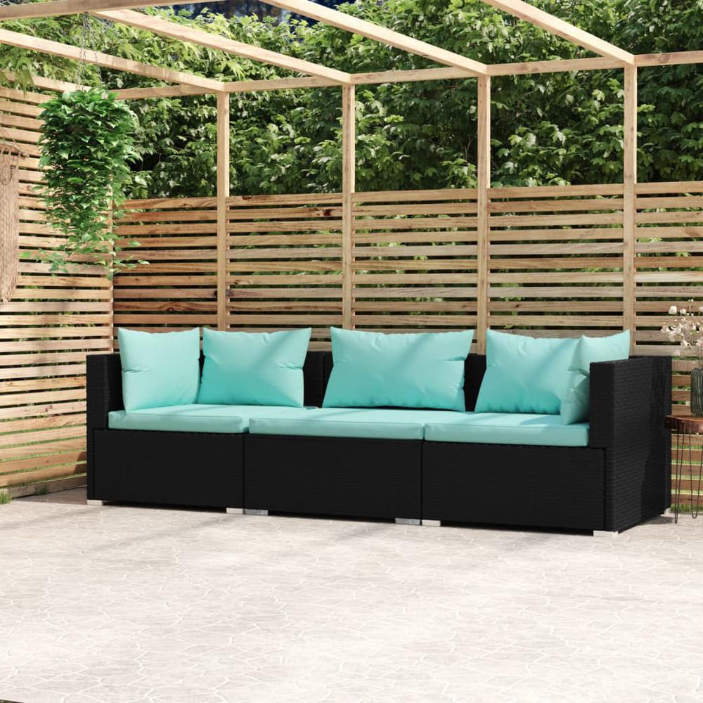 vidaXL 3-Seater Sofa with Cushions Black Poly Rattan, 317533. Picture 1