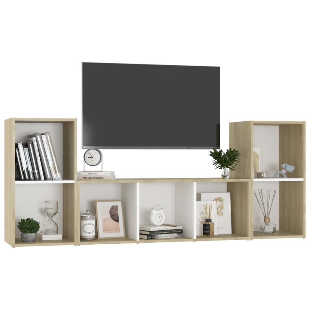 vidaXL 3 Piece TV Cabinet Set White and Sonoma Oak Engineered Wood, 3080020. Picture 3