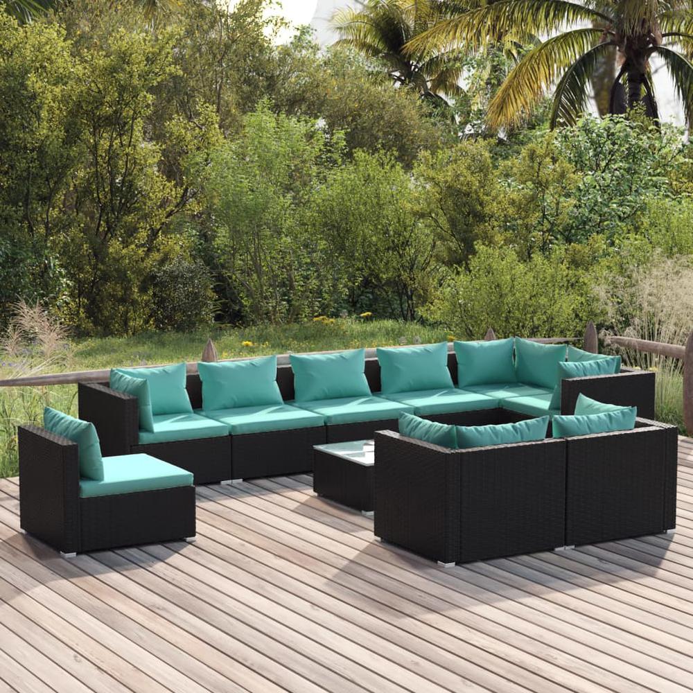 vidaXL 10 Piece Patio Lounge Set with Cushions Poly Rattan Black, 3102633. Picture 1
