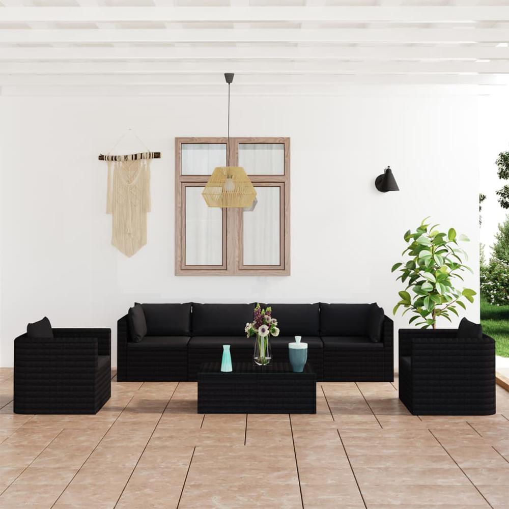 vidaXL 7 Piece Patio Lounge Set with Cushions Poly Rattan Black, 3059500. Picture 1
