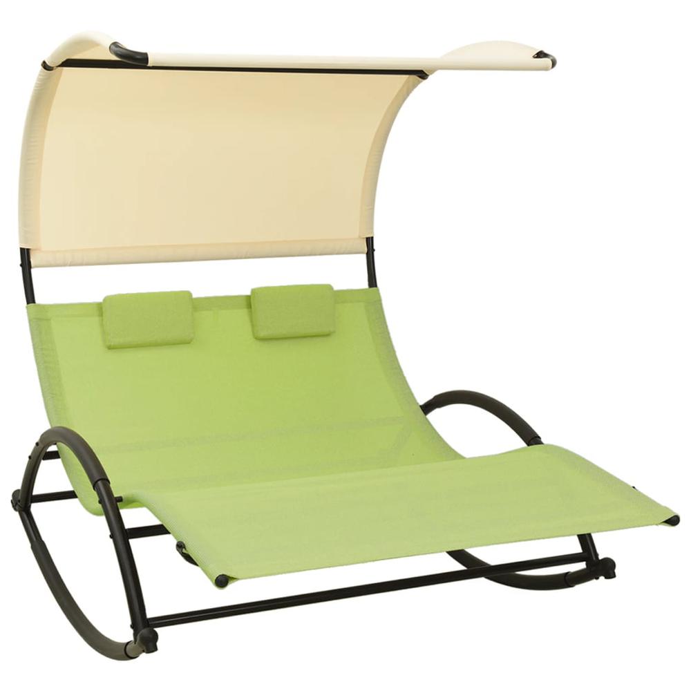 vidaXL Double Sun Lounger with Canopy Textilene Green and Cream. Picture 1