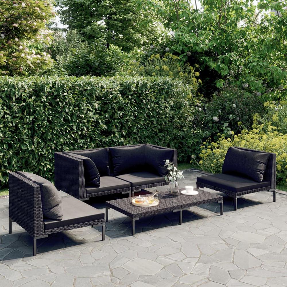 vidaXL 5 Piece Patio Lounge Set with Cushions Poly Rattan Dark Gray, 3099819. Picture 1