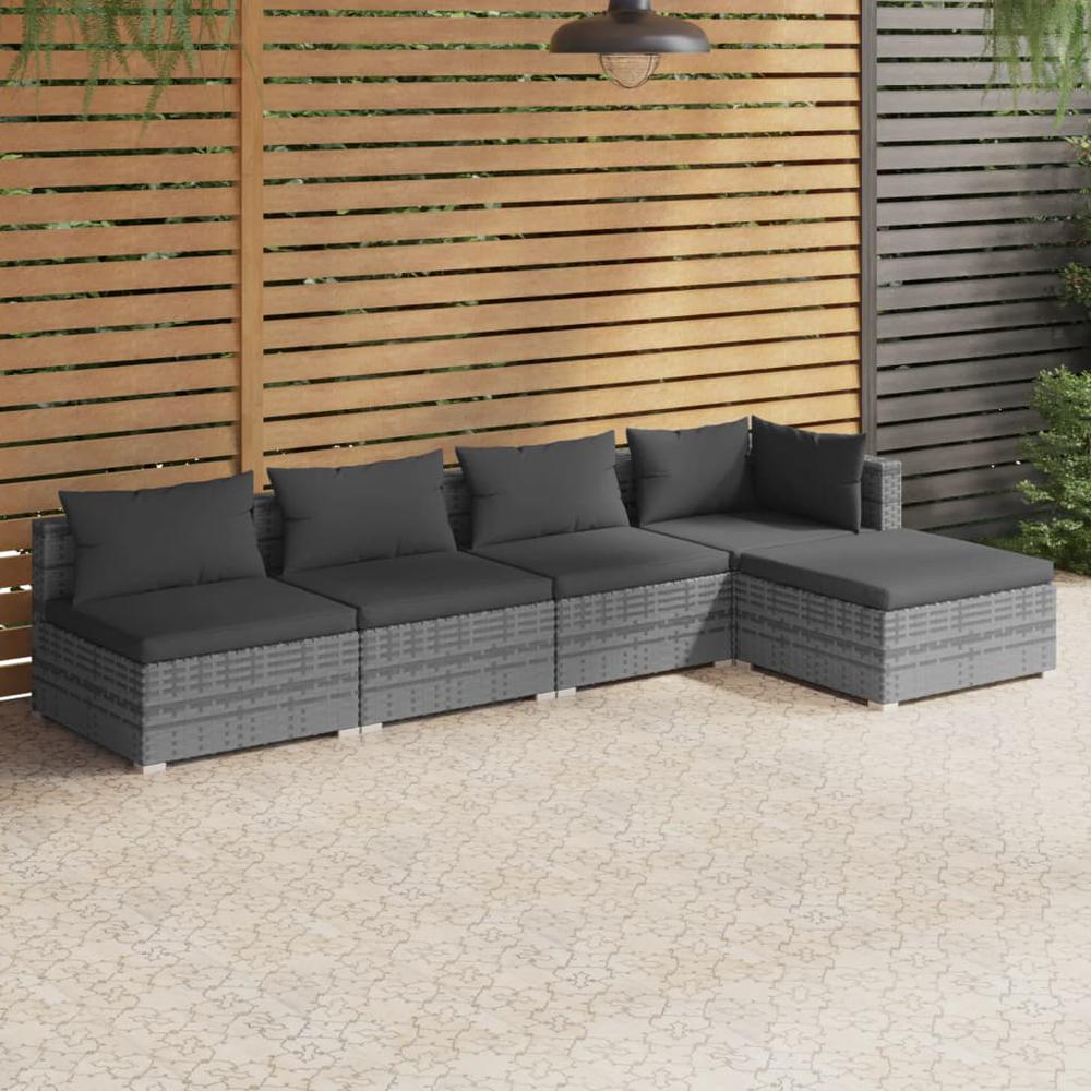vidaXL 5 Piece Garden Lounge Set with Cushions Poly Rattan Gray, 3101629. Picture 1