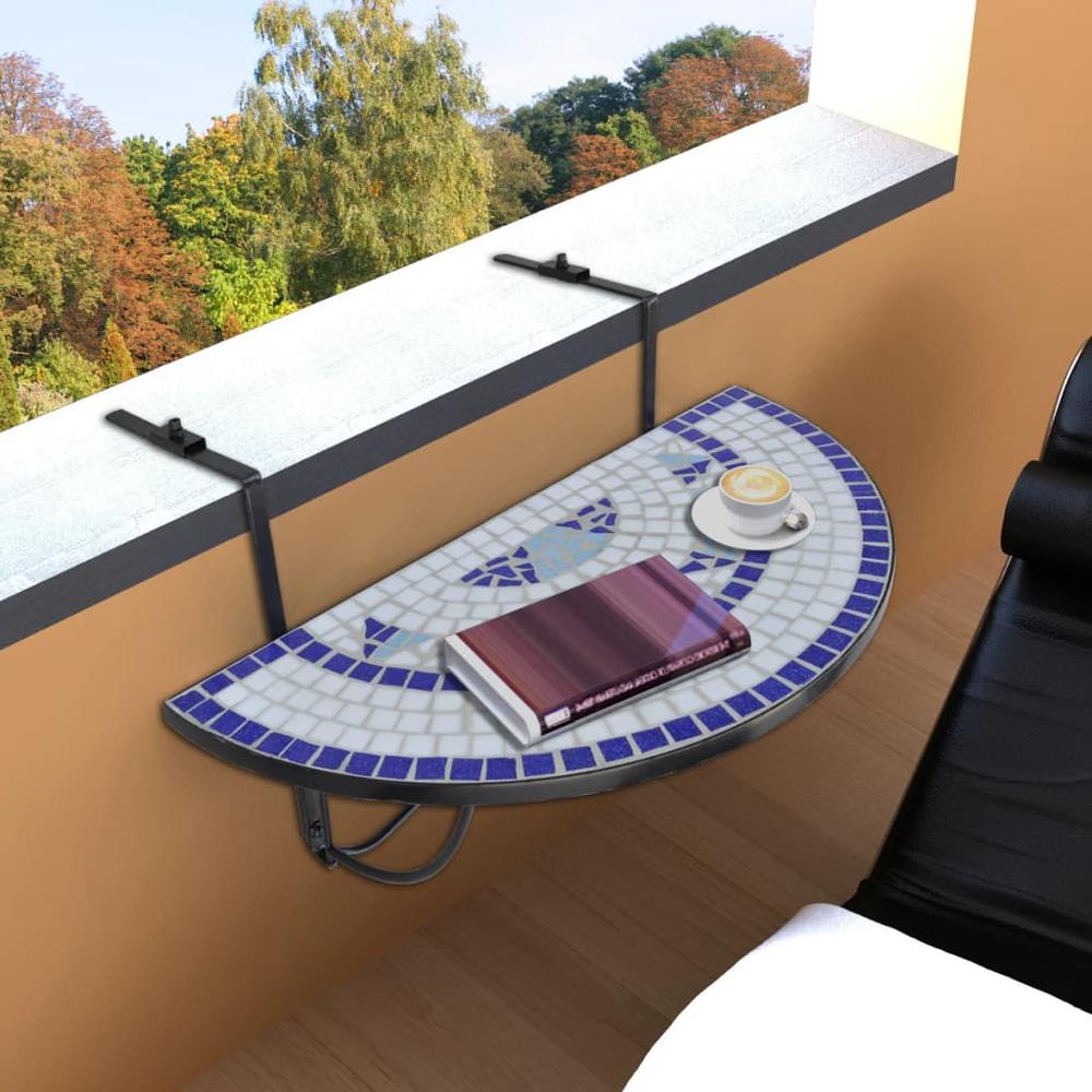 vidaXL Hanging Balcony Table Blue and White Mosaic, 41124. Picture 1