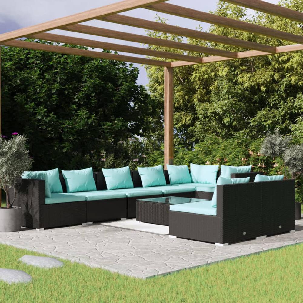 vidaXL 9 Piece Patio Lounge Set with Cushions Black Poly Rattan, 3102409. Picture 1