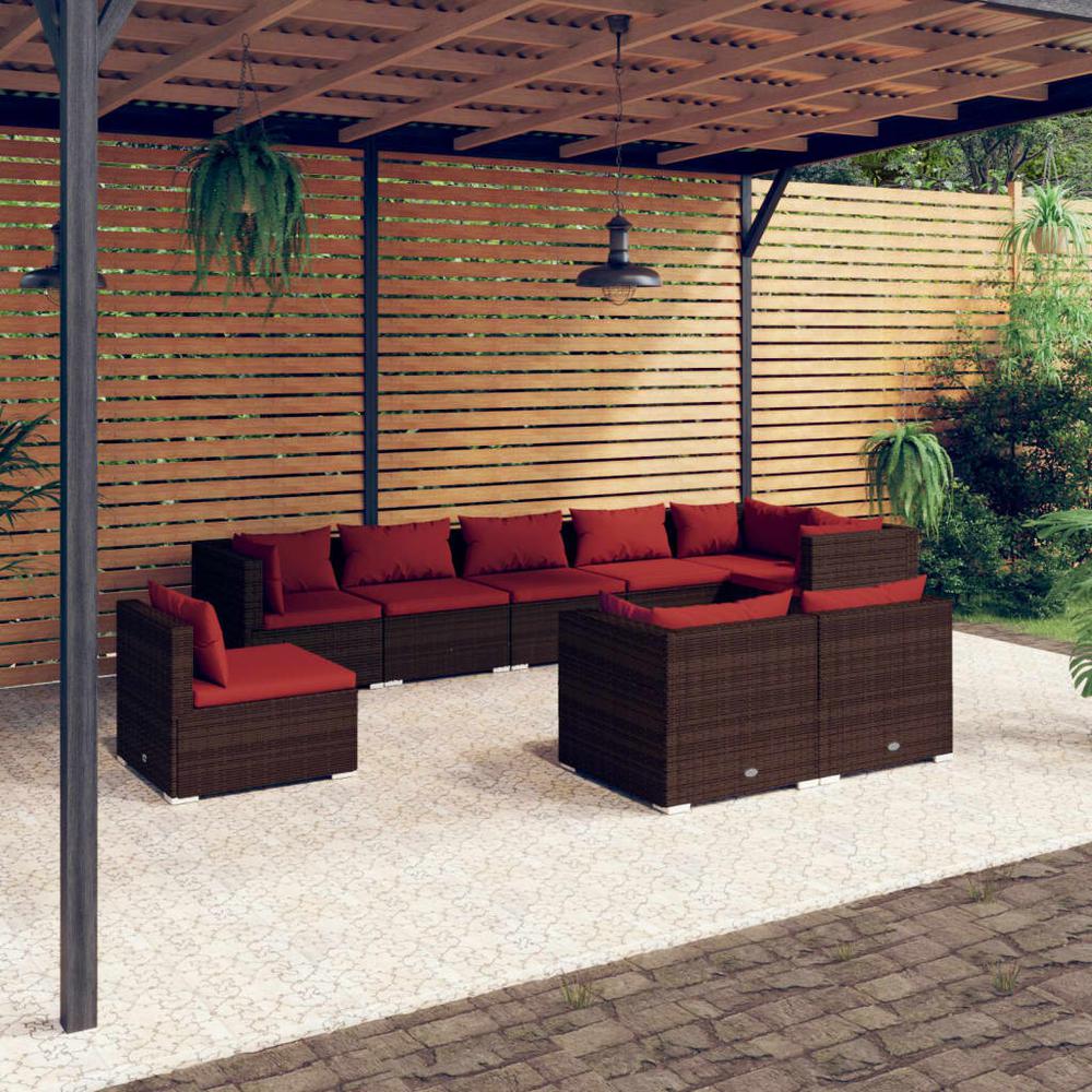 vidaXL 9 Piece Patio Lounge Set with Cushions Poly Rattan Brown, 3102627. Picture 1