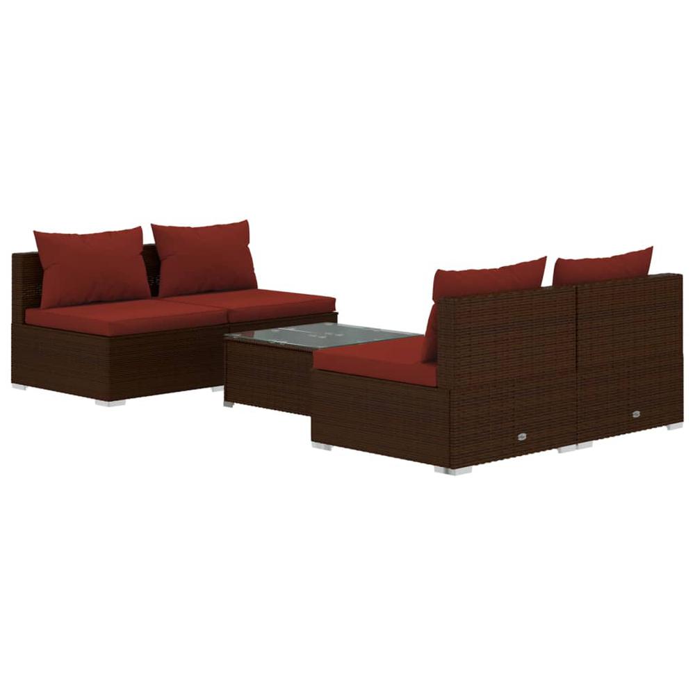 vidaXL 5 Piece Patio Lounge Set with Cushions Poly Rattan Brown, 3101443. Picture 2