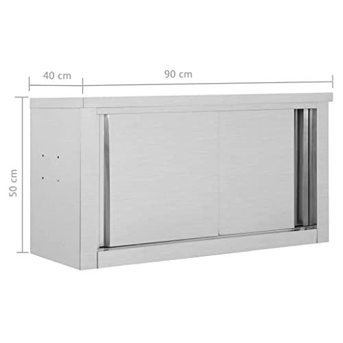 vidaXL Kitchen Wall Cabinet with Sliding Doors 35.4"x15.7"x19.7" Stainless Steel, 51052. Picture 4