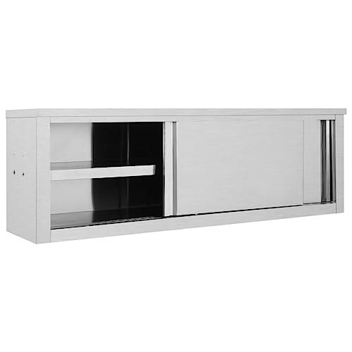vidaXL Kitchen Wall Cabinet with Sliding Doors 59.1"x15.7"x19.7" Stainless Steel, 51054. Picture 3