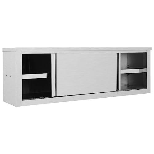vidaXL Kitchen Wall Cabinet with Sliding Doors 59.1"x15.7"x19.7" Stainless Steel, 51054. Picture 4