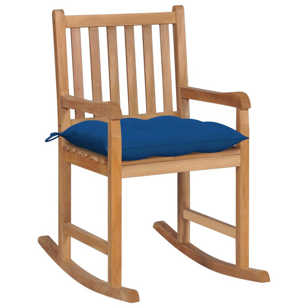 vidaXL Rocking Chair with Blue Cushion Solid Teak Wood. Picture 1