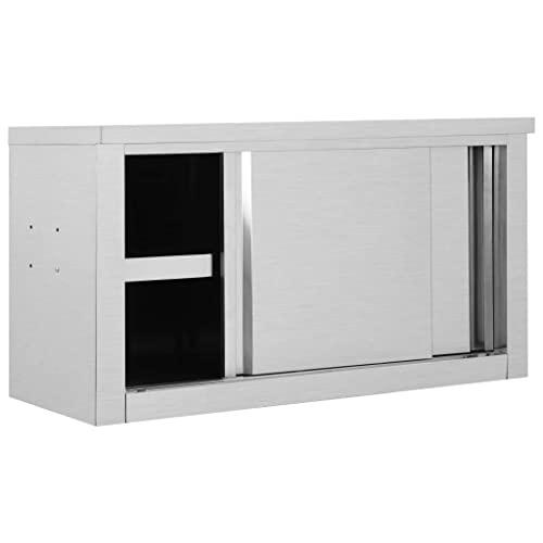 vidaXL Kitchen Wall Cabinet with Sliding Doors 35.4"x15.7"x19.7" Stainless Steel, 51052. Picture 2