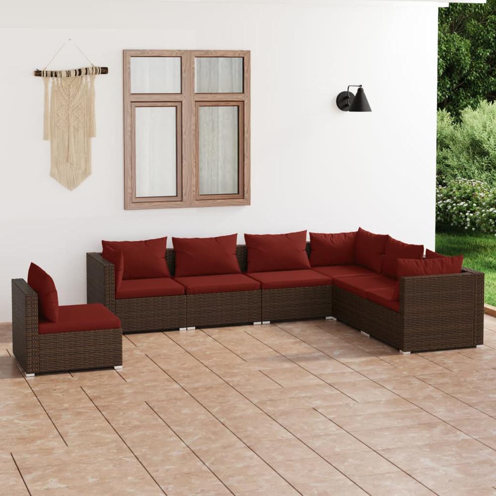 vidaXL 7 Piece Patio Lounge Set with Cushions Poly Rattan Brown, 3102355. Picture 1