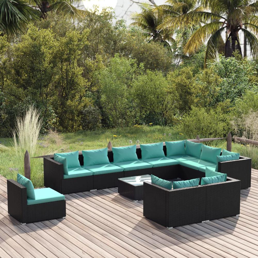 vidaXL 11 Piece Patio Lounge Set with Cushions Poly Rattan Black, 3102665. Picture 1
