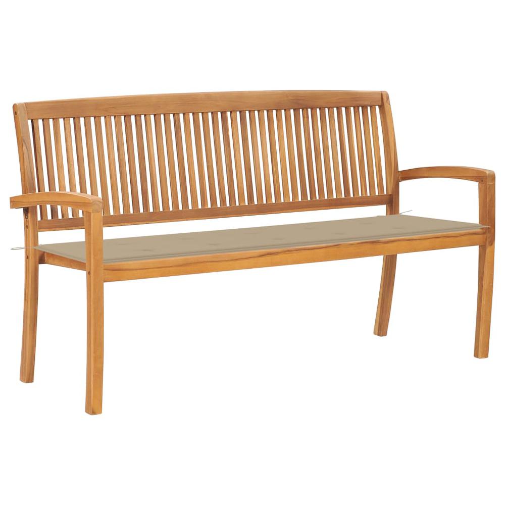 vidaXL Stacking Patio Bench with Cushion 62.6" Solid Teak Wood, 3063309. Picture 1