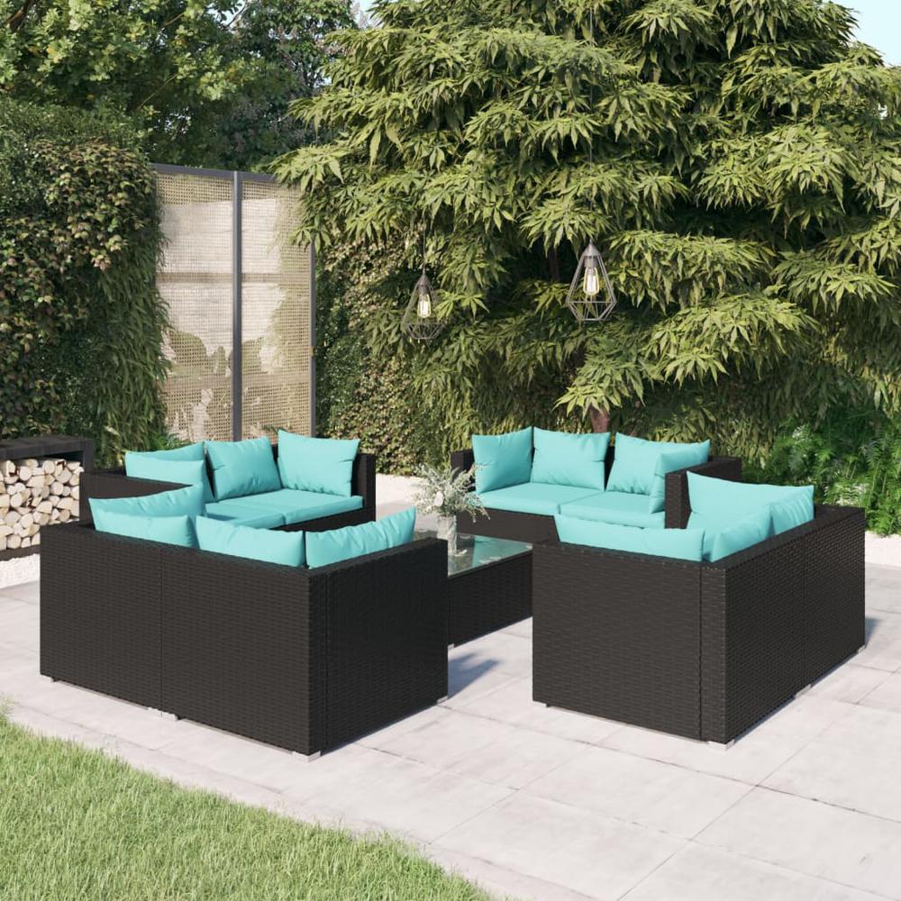 vidaXL 9 Piece Patio Lounge Set with Cushions Poly Rattan Black, 3101561. Picture 1