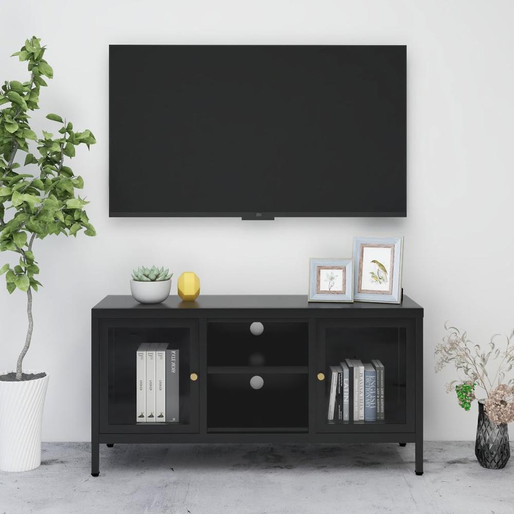 vidaXL TV Cabinet Black 41.3"x13.8"x20.5" Steel and Glass. Picture 1