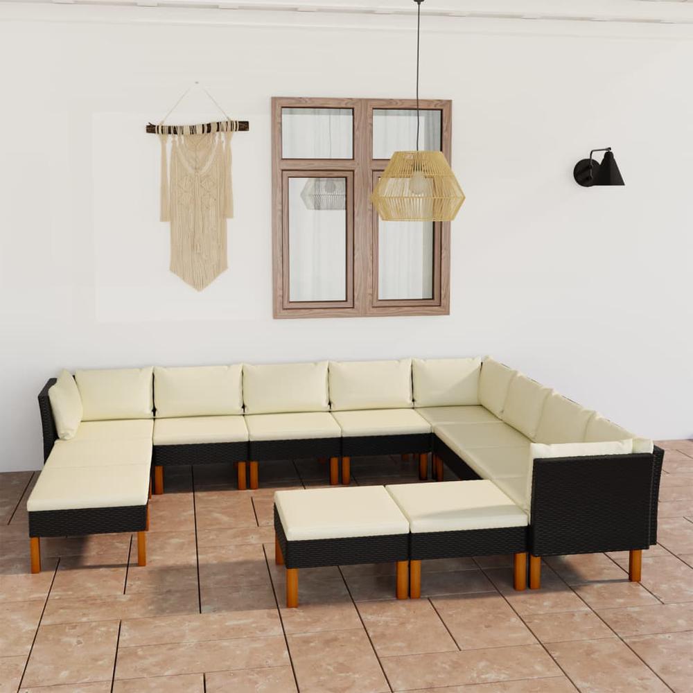 vidaXL 12 Piece Patio Lounge Set with Cushions Poly Rattan Black, 3059747. Picture 1