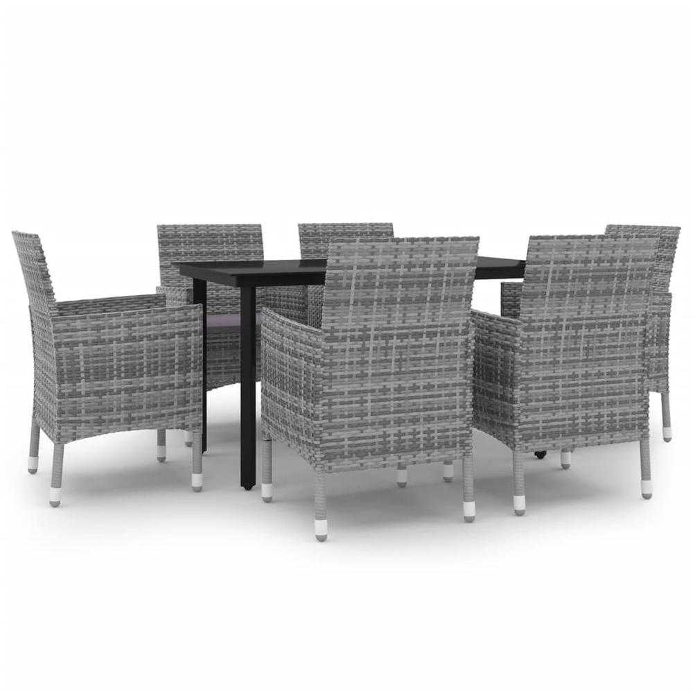 vidaXL 7 Piece Patio Dining Set with Cushions Poly Rattan and Glass, 3099694. Picture 2